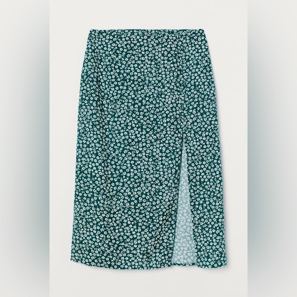 H&M white green floral High-split Skirt